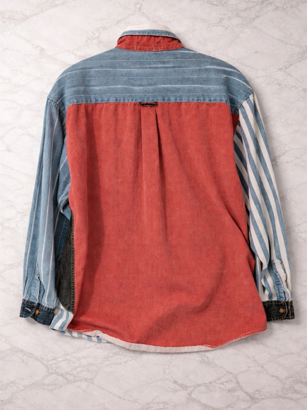 Vintage County Seat Nuovo Patchwork Denim Shirt Colorblock Striped Button Up L - Picture 2 of 3